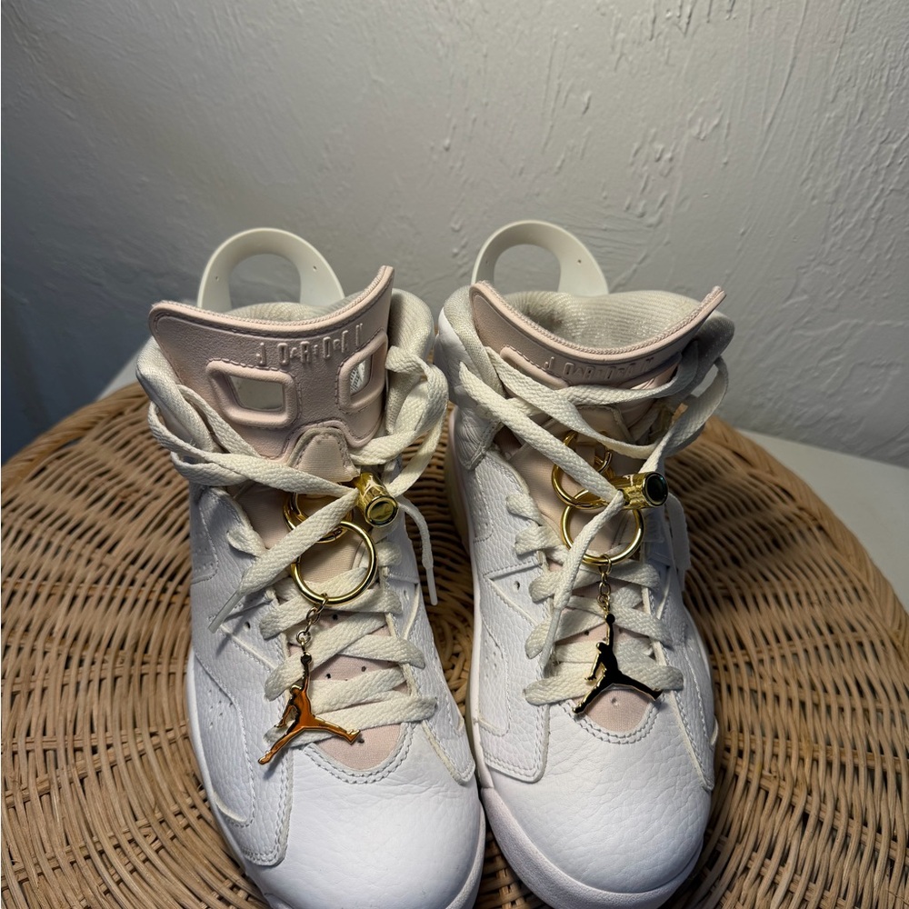 Jordan 6 retro gold hoops womens white, pink and gold with keychains